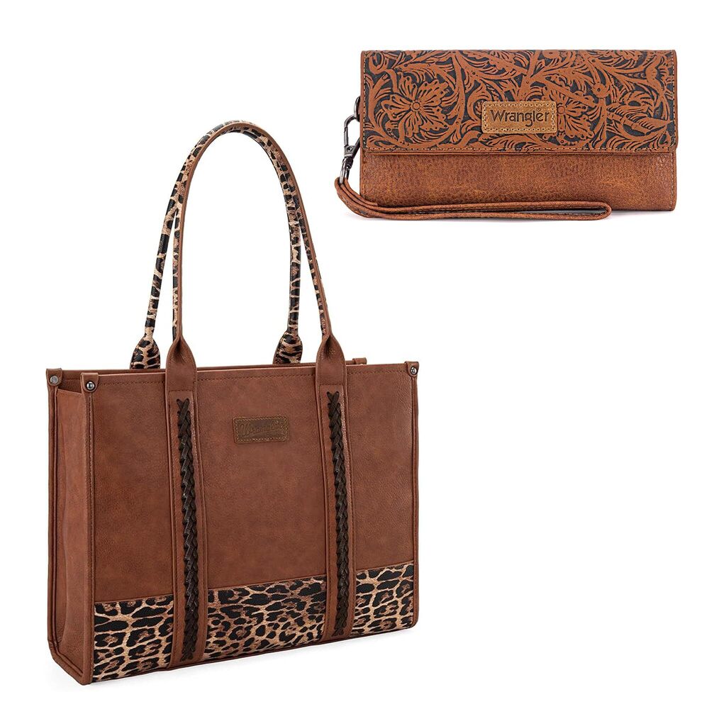 9119 Wrangler Lepard Print Tote Handbag and Tooling Wallets Set